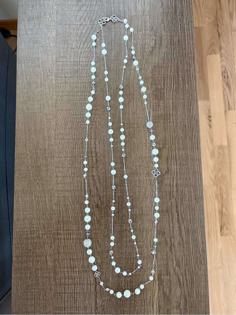Lia Sophia Elegant Long White Pearl and Beads Silver Chain Necklace